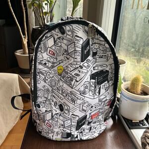 UZME Icon backpack featuring black and white laptops phones and buildings